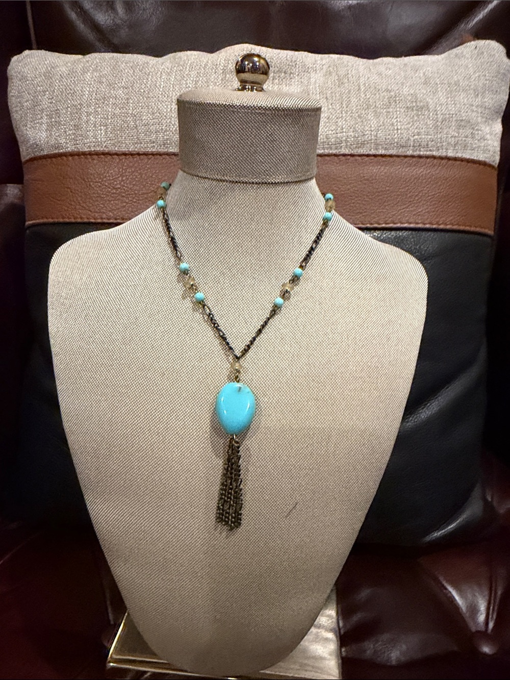 Delicate Dark Tone Chain Necklace with Turquoise Bead Pendant (14 in w 3 in ext)